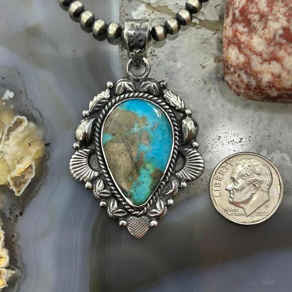Sterling Silver Southwestern Style Teardrop Turquoise Pendant For Women #9 - Picture 8 of 10